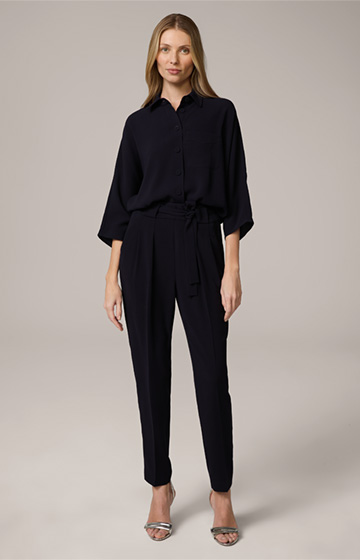 Oversized Crêpe Blouse with Shirt Collar in Navy
