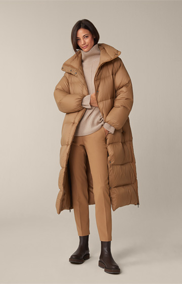 Quilted Down Coat with High Collar in Camel
